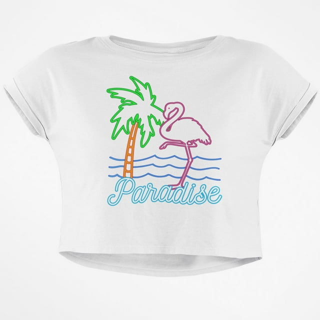 Retro 80s Neon Sign Flamingo Paradise Junior Boxy Crop Top T Shirt