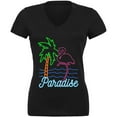 thumbnail image 1 of Retro 80s Neon Sign Flamingo Paradise Juniors V-Neck T Shirt Black LG, 1 of 1