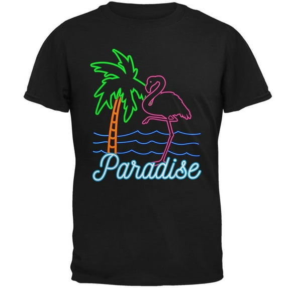 Retro 80s Neon Sign Flamingo Paradise Mens Soft T Shirt Black X-SM