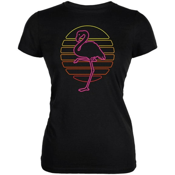 Retro 80s Neon Sign Flamingo Sunset Juniors Soft T Shirt Black SM