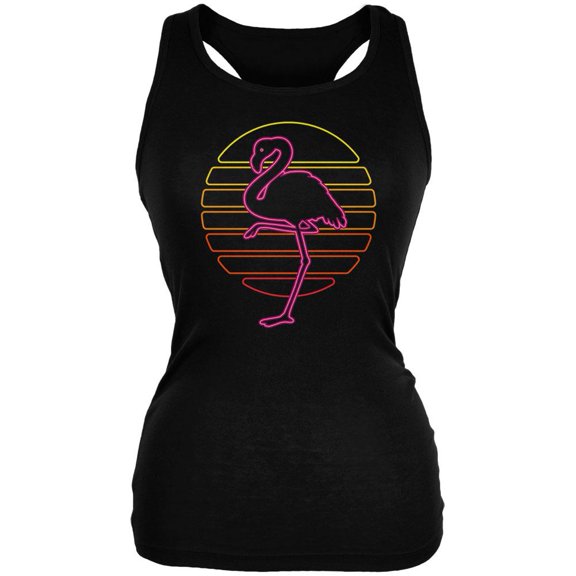 Retro 80s Neon Sign Flamingo Sunset Juniors Soft Tank Top Black 2XL