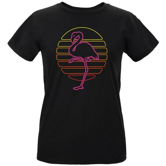 Retro 80s Neon Sign Flamingo Sunset Womens T Shirt Black LG