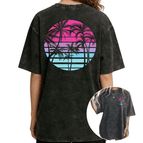 Retro 80s Neon Sunset Palm Tree Womens Black Acid Washed Oversized T-Shirts Tops