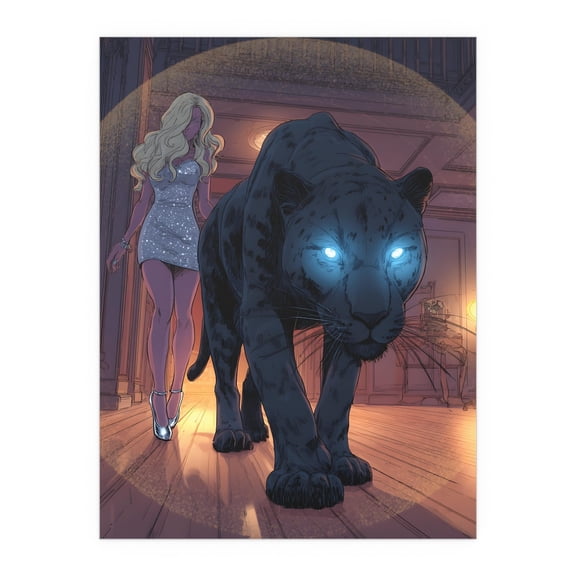 Retro 80s Print Cartoon Style Graphic Print Blonde Girl Blue Eyed Black Panther Trendy Wall Art Poster Silk Poster