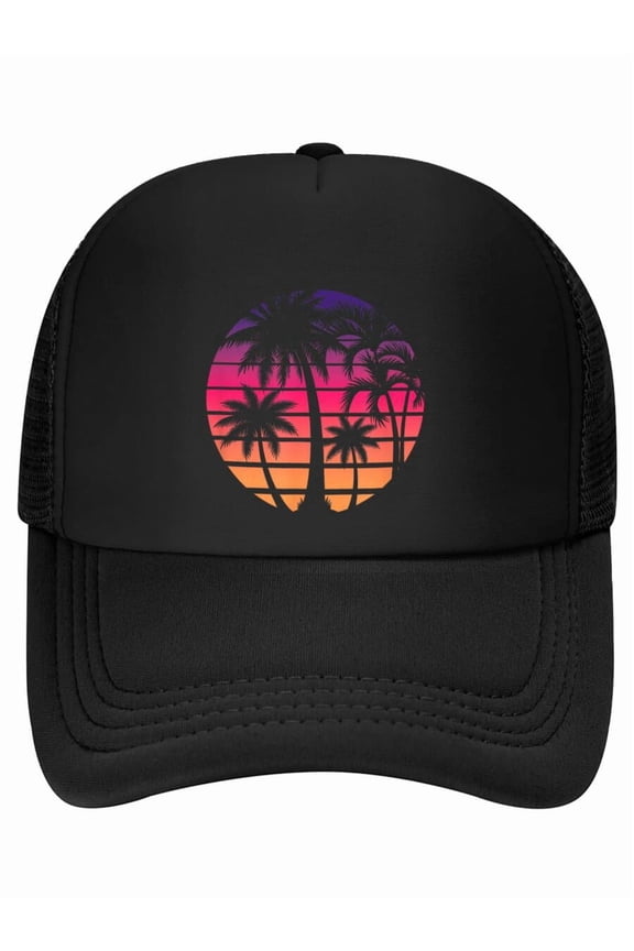 Retro 80s Sunset Palm Tree Beach Vacation Art Baseball Cap