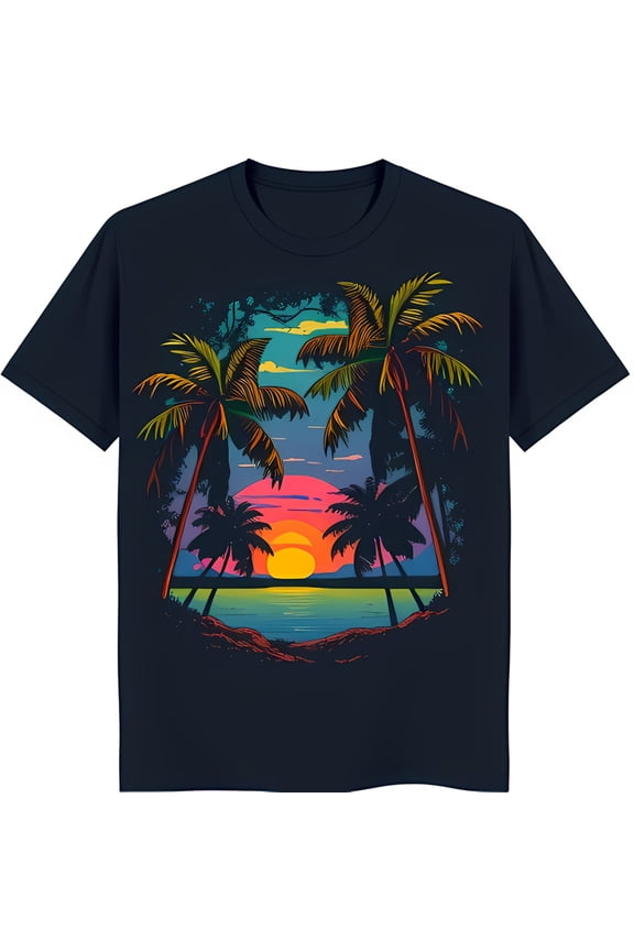 Retro 80s Sunset T-Shirt with Colorful Trees and Ocean Scene Dark Blue Tee