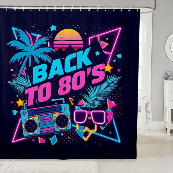 Retro 80s Synthwave Shower Curtain Back to The 80s Neon Palm Tree Boombox Waterproof Fabric Bathroom Decor with 12 Hooks 71x71 inches