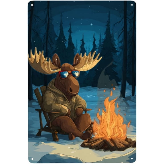 Retro 8x12 Inch Metal Poster, Cozy Winter Moose Relaxing Near Campfire In Woods, Vintage Art Tin Plaque, Practical Gift For Friends And Family