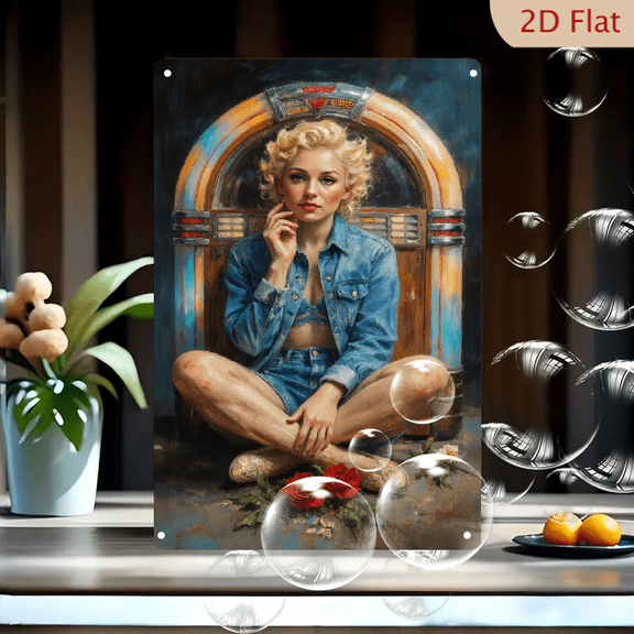 Retro 8x12 Inch Metal Wall Art Featuring Young Woman in Denim by Vintage Jukebox with Red Roses, Painterly Americana Mid-Century Style Decor