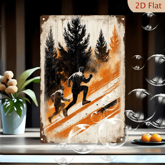 Retro 8x12inches Metal Wall Art, Vintage Two Runners Climbing Forest Hill, Distressed Mid-Century Adventure Poster with Orange and Black Silhouettes, Dramatic Wilderness Landscape for Home Decor