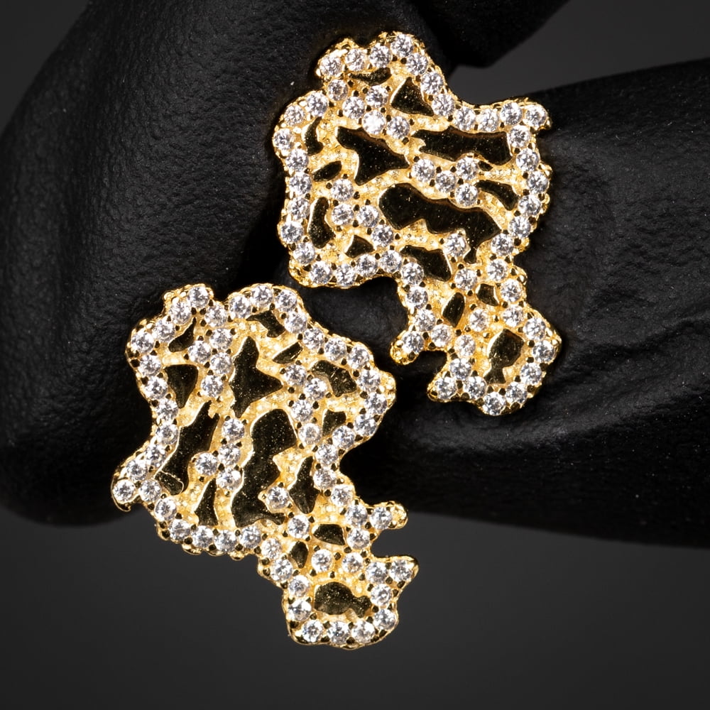 Retro 90's Hip Hop Solid 14K Yellow Gold Plated 925 Sterling Silver Screw Back Post Men’s Diamond Cut Stud Cz Iced Solid Nugget Earrings