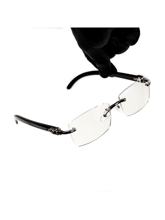 Retro 90's Rimless Luxury Men's Classic Rectangle Silver Metal Frame Eye Glasses Vintage Black Arm Square Hip Hop Clear Lens Rectangular Eye Glasses