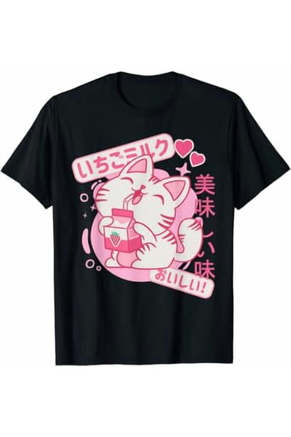 Retro 90S Cat Japanese Kawaii Strawberry Milk Shake Cartoon T-Shirt
