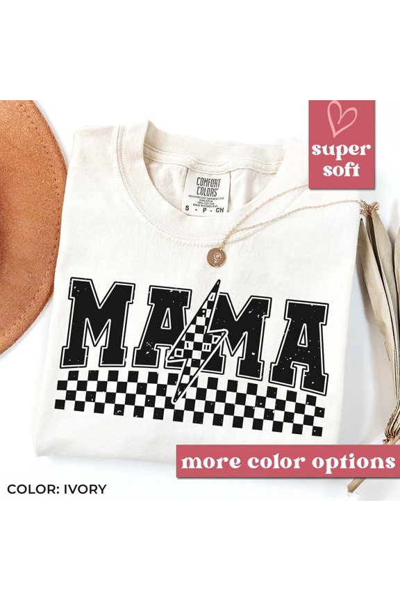 Retro 90S Checkered Mom F6 Mama Lightening Bolt T-Shirt All Size S-3XL
