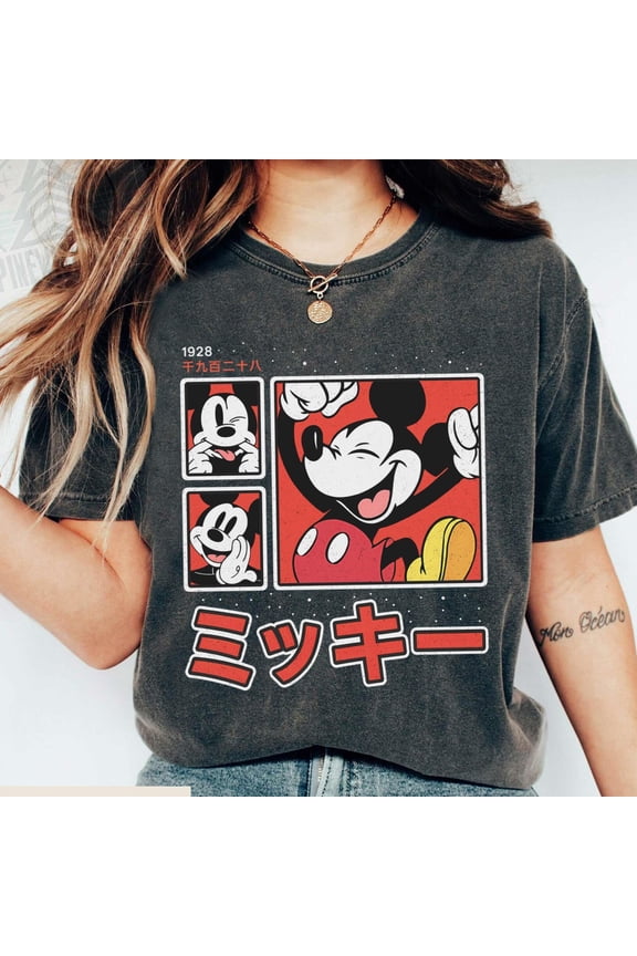 Retro 90S Disney Mickey Classic Shirt Mickey 1928 Kanji Panels T-shirt Tee Birthday Gift D