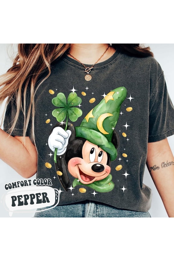 Retro 90s Fantasia Sorcerer Mickey Clover T-shirt, Disney Lucky Wizard Mickey Shirt, Disney St. Patricks Day Tee, Disneyland Vacation Tee