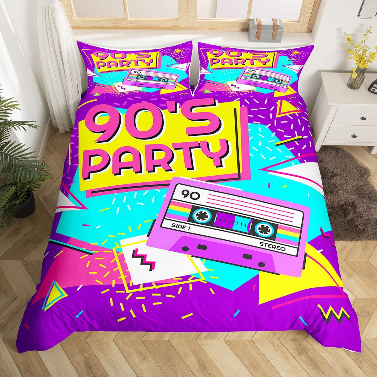 Retro 90s Music Party Bedding Set For Kids Twin,Cassette Tape Geometric