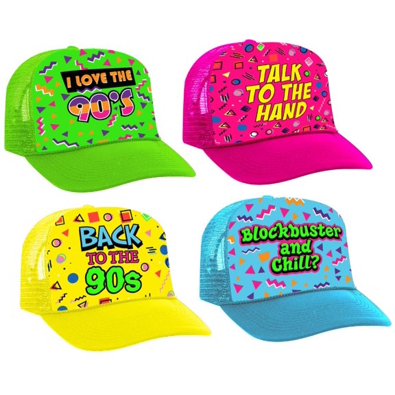 Retro 90s Party Hats (4 Pack) - Funny Themed Trucker Hats for Celebrations and Decor
