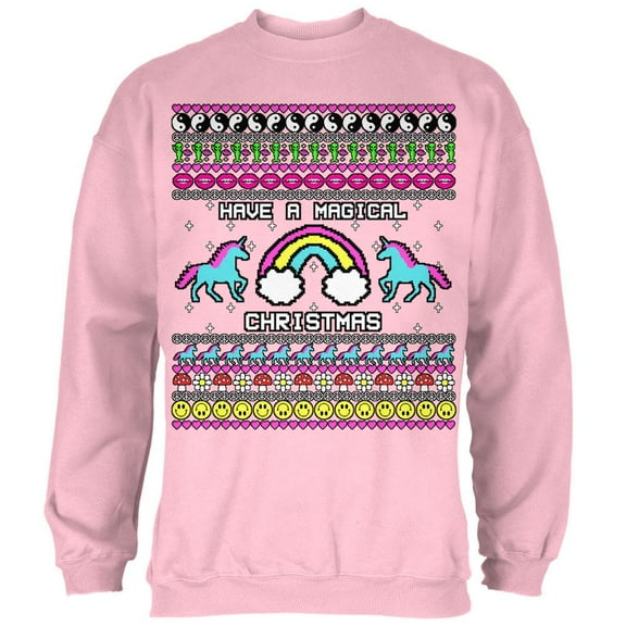 Retro 90s Rainbow Unicorn Magical Ugly Christmas Sweater Mens Sweatshirt Light Pink LG