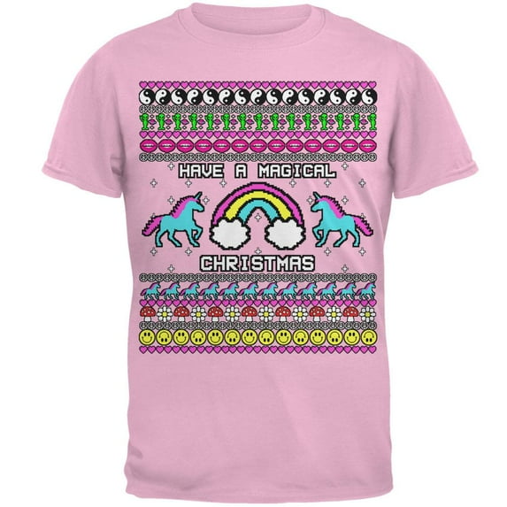 Retro 90s Rainbow Unicorn Magical Ugly Christmas Sweater Mens T Shirt Light Pink SM
