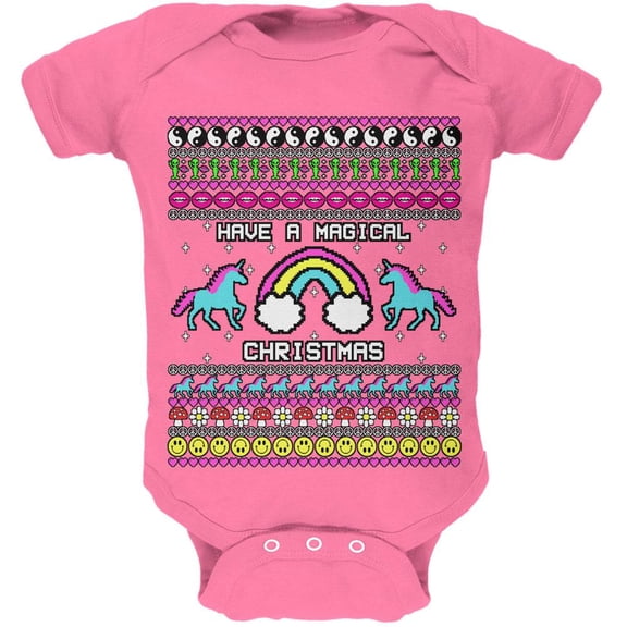 Retro 90s Rainbow Unicorn Magical Ugly Christmas Sweater Soft Baby One Piece Raspberry 0-3 M