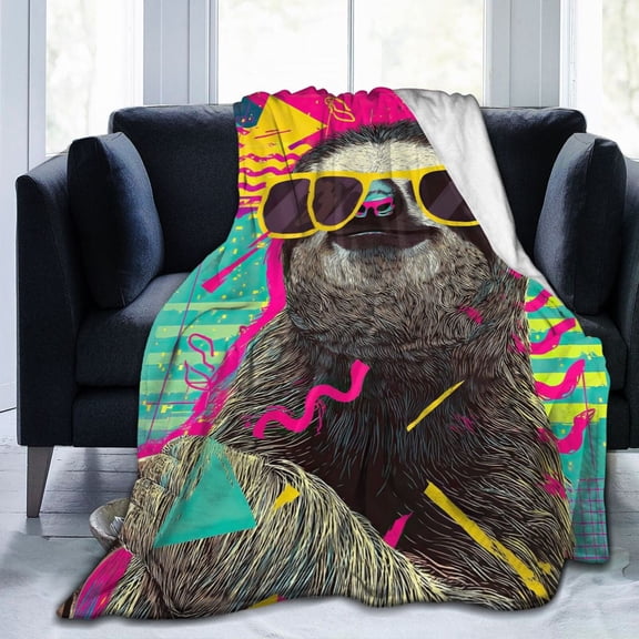 Retro 90s Sloth Throw Blanket, Memphis Geometric Art Soft Flannel Fleece, Nostalgic Pop Culture Home Decor for Sofa Bed 50x40