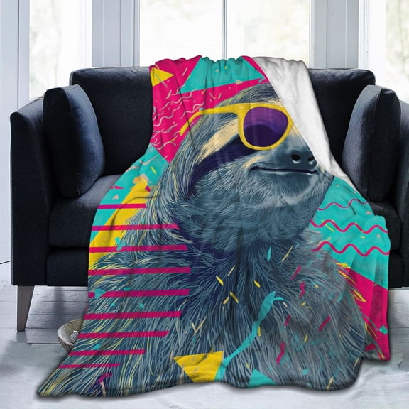 Retro 90s Sloth Throw Blanket, Memphis Geometric Art Soft Flannel Fleece, Nostalgic Pop Culture Home Decor for Sofa Bed 50x40