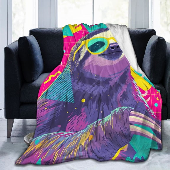 Retro 90s Sloth Throw Blanket, Memphis Geometric Art Soft Flannel Fleece, Nostalgic Pop Culture Home Decor for Sofa Bed 80x60
