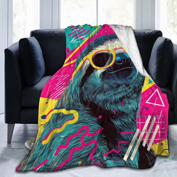 Retro 90s Sloth Throw Blanket, Memphis Geometric Art Soft Flannel Fleece, Nostalgic Pop Culture Home Decor for Sofa Bed 80x60