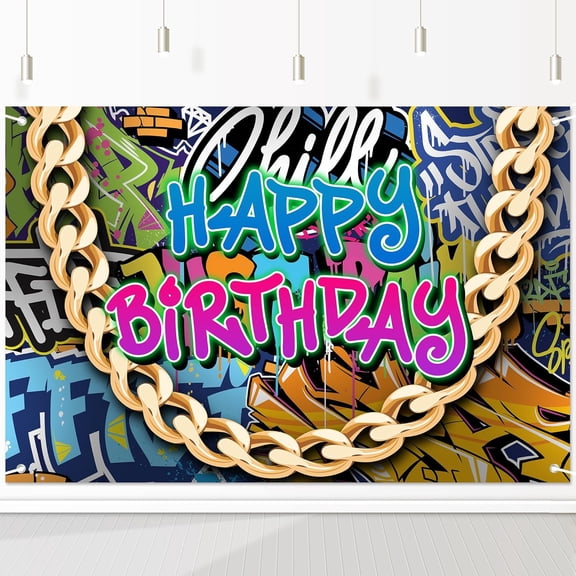 Retro 90s Street Style Photo Backdrop - Seamless Urban Graffiti with Gold Chain Design for Hip Hop Theme Parties, Music Photography, Nostalgic Events 72x43 Inch