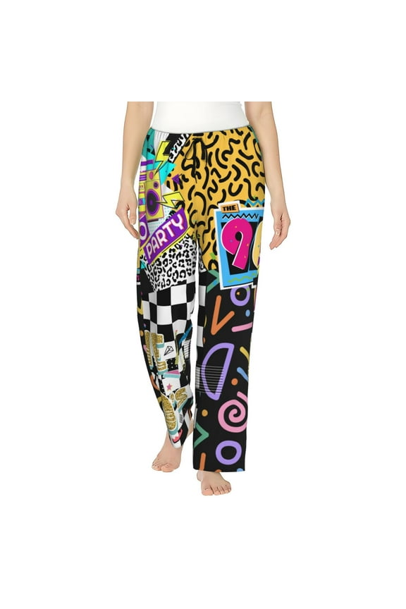 Retro 90s Women's Comfy Pajama Pants With Pockets,Soft Stretch Drawstring Lounge Pants, Soft Casual Wide Leg Pjs Sleep Bottoms Medium