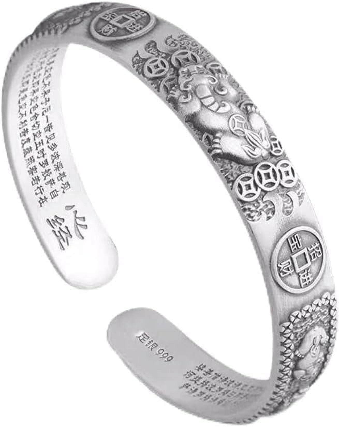 Retro 999 Silver Feng Shui Bracelet, Tibetan Buddhist Pixiu Bracelet for Men Women, Heart Sutra Mantras Amulet Exorcism Jewelry, Wealth Protection, Ward Off Evil Spirits Bracelet