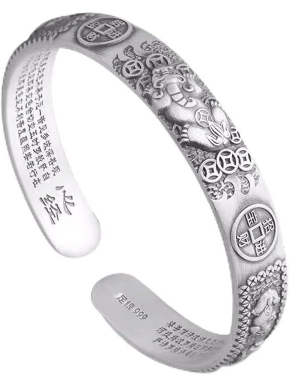 Retro 999 Silver Feng Shui Bracelet, Tibetan Buddhist Pixiu Bracelet for Men Women, Heart Sutra Mantras Amulet Exorcism Jewelry, Wealth Protection, Ward Off Evil Spirits Bracelet