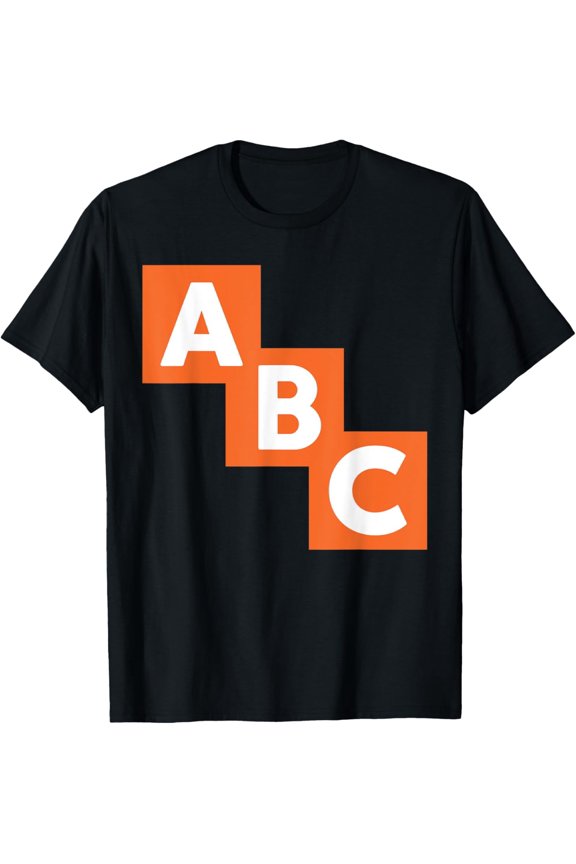 Retro ABC Alphabet Graphic Tee - Minimalist Orange Block Letter T-Shirt for Teachers and Students - Cute Back to School Apparel