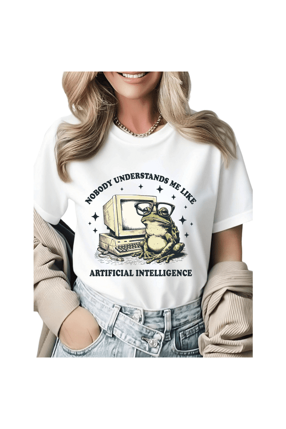 Retro AI Frog & Vintage Computer Graphic Tees Womens T shirt Black/White S-5XL Casual Nerd Tops