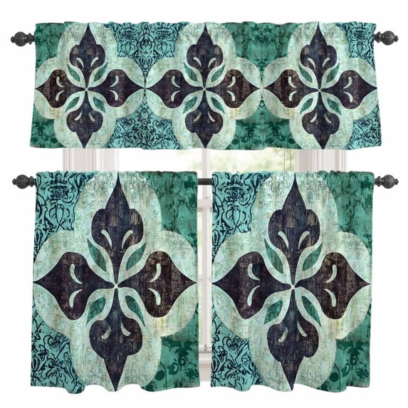 Retro Abstract Art Kitchen Curtains Sets for Windows 24 Inch Length, Geometric Western Vintage Rod Pocket Window Treatments Tier Curtains and Valances Set for Bedroom/Bathroom
