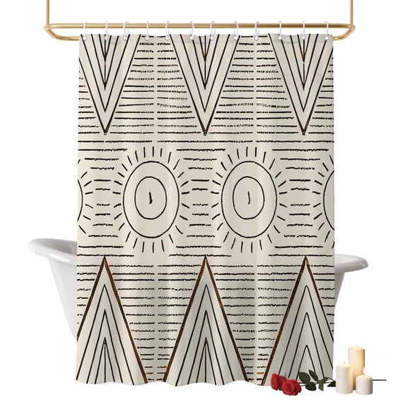 Retro Abstract Bathroom Shower Curtain, Geometric Sun Mountain Bohemian Ethnic Symbol Waterproof Washable Soft Bath Curtain for Bathtub Decor with 12 Hooks&Grommet, 36x72 Inch
