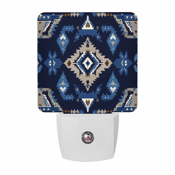 Retro Abstract Blue Geometric Plug-in LED Night Lights Floral Ethnic Style Auto Dusk-to-Dawn Sensor for Bedroom, Bathroom, Kitchen, Nursery, Hallway, Stairs, Wall Home Decor