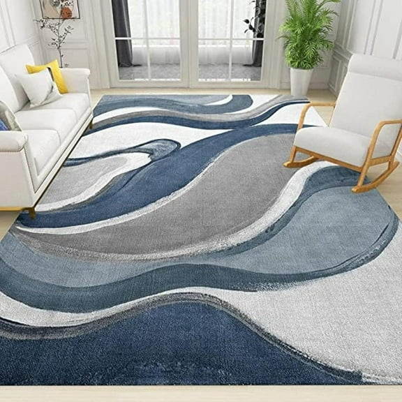 Blue Gray Water Ripple Stripes Area Rug 3'x5' Boho Vintage Abstract Wavy Print Rugs Soft Flannel Navy Blue Grey Washable Carpet for Living Room Bedroom Dining Room Accent Floor Mat