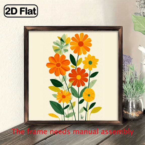 Retro Abstract Canvas Wall Art with Wooden Frame - Vibrant Colorful Flower Shadow Design, Wrapped Canvas Painting for Living Room, Bedroom, Bathroom.