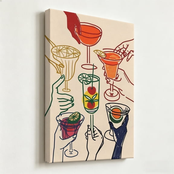 Retro Abstract Cocktail Cheers Canvas Wall Art, Mid-Century Modern Happy Hour Matte Finish Gallery Wrapped, Colorful Bar Cart Kitchen Dining Room Decor 8*12