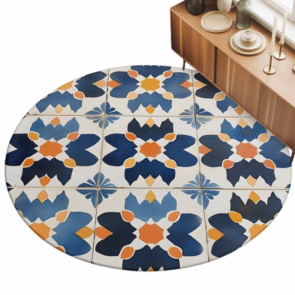 Retro Abstract Floral Texture Round Area Rug 4ft,Living Room Rug Non-Slip Washable Circle Rugs Pad,Watercolor Geometric Seamless Soft Floor Carpet for Bedroom Dining Room