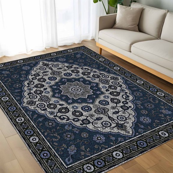 Retro Abstract Flower Texture Floor Carpet Living Room Rug, Dark Blue Gray Ethnic Pattern Non-Slip Welcome Mat Indoor Rugs for Bedroom Dining Room