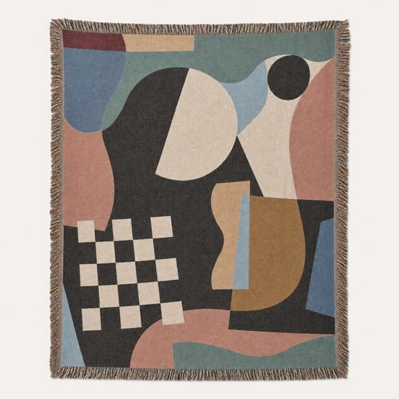Retro Abstract Geometric Multicolor Woven Throw Blanket, Cotton with Fringed Edges, Mid-Century Modern Decor for Living Room