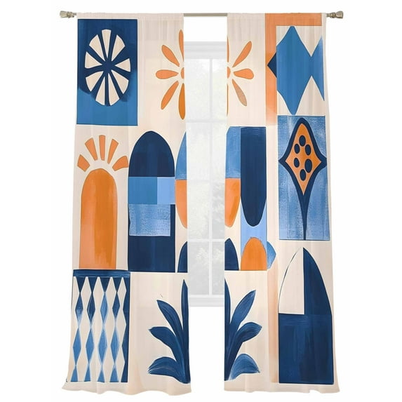 Retro Abstract Geometrics Sheer Curtains for Living Room Bedroom, Light-filtering Sheer Curtain, Orange Blue Watercolor Rod Pocket Voile Window Treatment Drapes, 52’’Wx96’’L, 2 Panels Set