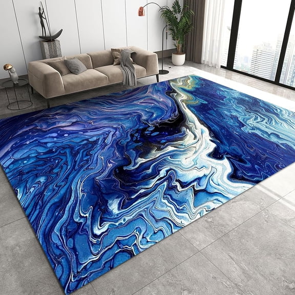Retro Abstract Marble Area Rugs, Blue And White Curved Oil Painting Doodle Living Room Carpet, Modern Rug Fast Drying Machine Washable Apply To Balcony Dorm Room Kids Room 4x5ft