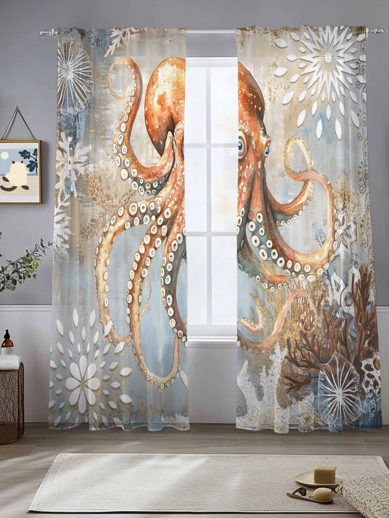 Retro Abstract Ocean Octopus Sheer Curtains 108 Inches Long 2 Panels ...
