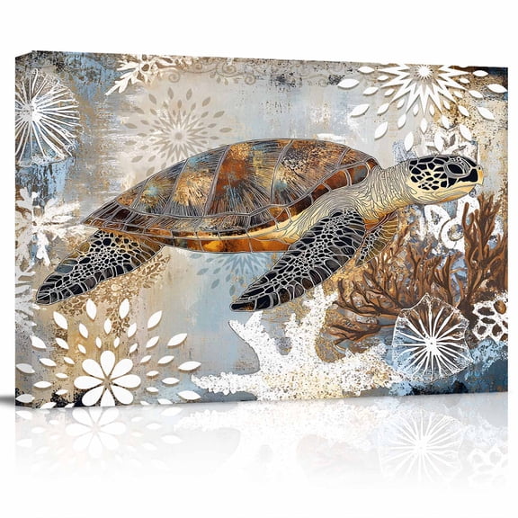 Retro Abstract Ocean Turtle Canvas Print Wall Art Marine Life Starfish Watercolor Pictures Painting Morden Artwork for Living Room Bedroom, Ready to Hang - 12"x16"