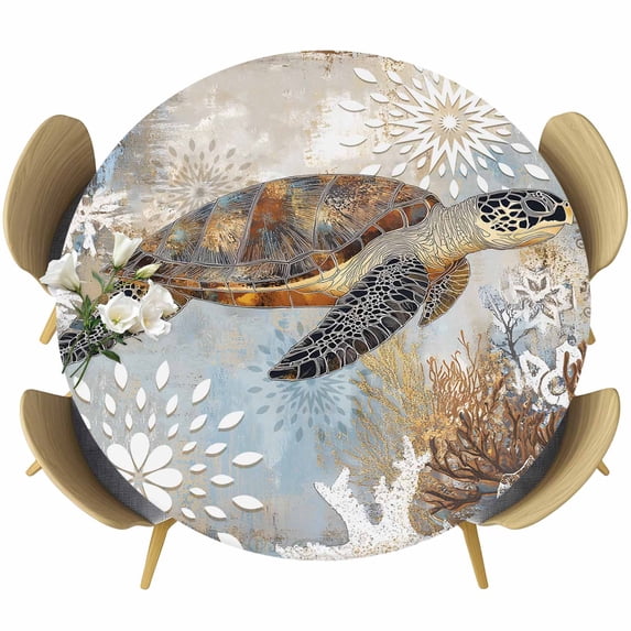 Retro Abstract Ocean Turtle Round Fitted Table Cover Marine Life Starfish Watercolor Waterproof Table Cloth with Elastic Edge Wipeable Tablecloth for Picnic Camping Party Fits 55"-60" Diameter