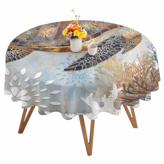 Retro Abstract Ocean Turtle Round Tablecloth 54 inches Marine Life Starfish Watercolor Waterproof Oil-Proof Table Cloth Round Table Cover for Holiday Party Picnic Dinner Decor Indoor and Outdoor Use